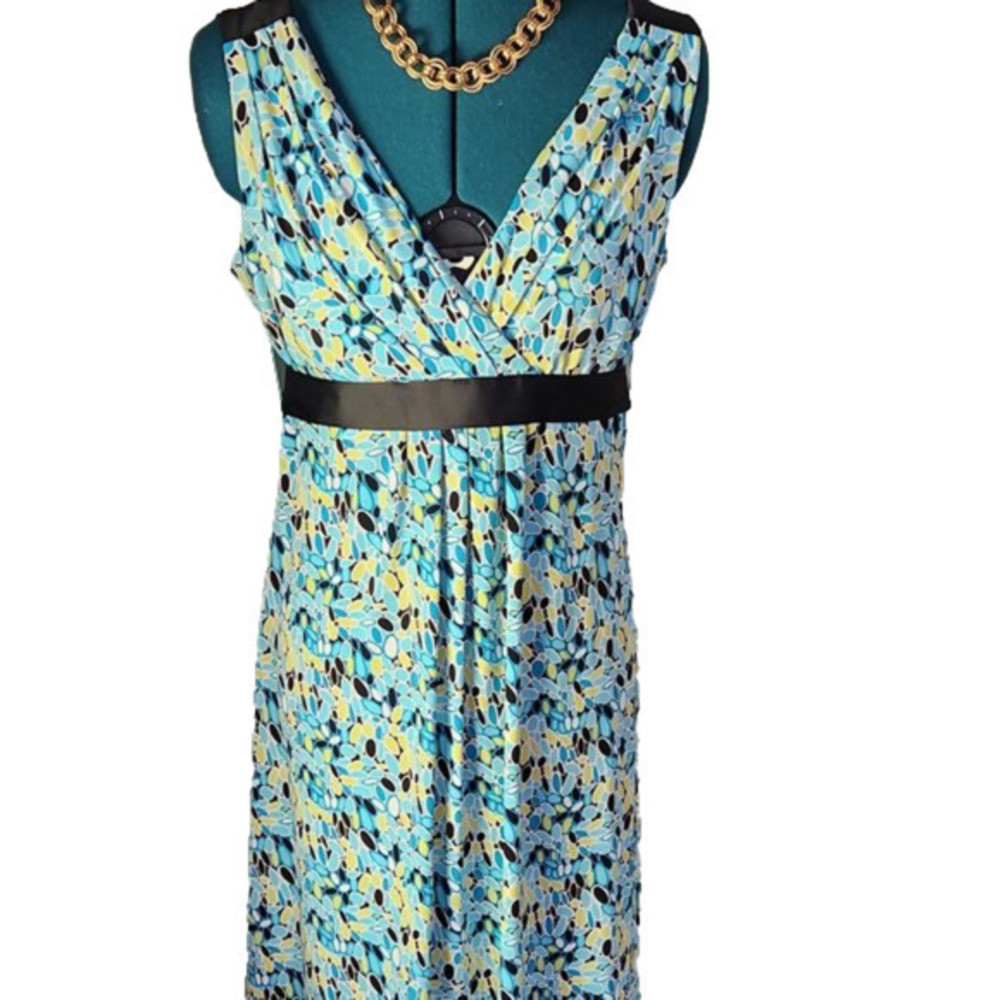 213. Scarlett Sleeveless Turquoise and Yellow Dress w/Blk Ribbon at waist Sz 12
